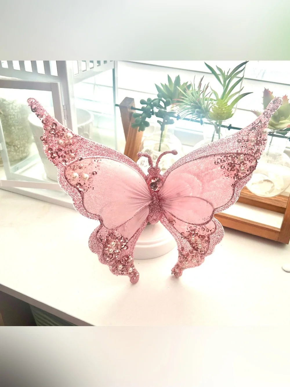 7ct Glitter Pink Butterfly Decorative Christmas Clip Tree Ornament